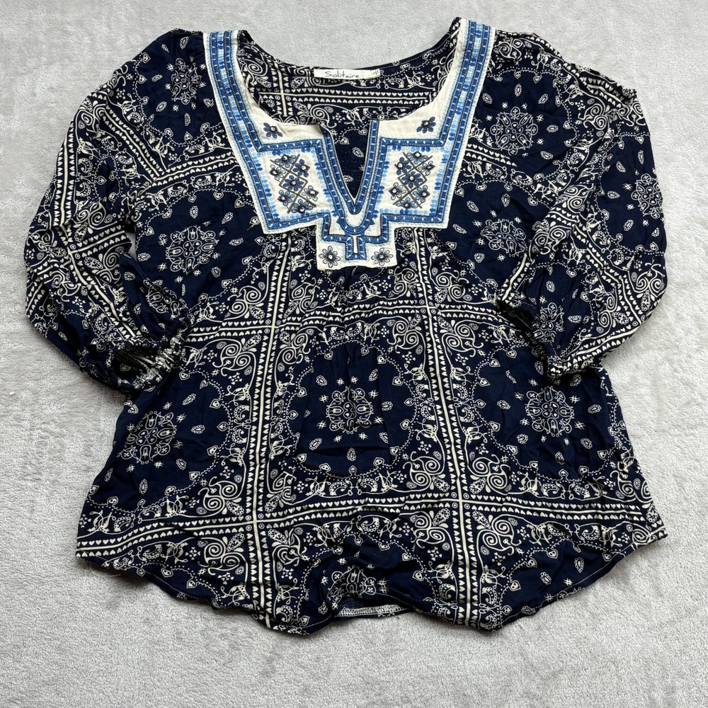 Solitaire Blouse Women L Navy Paisley Embroidered Split Neck 3/4 Sleeve Top Boho